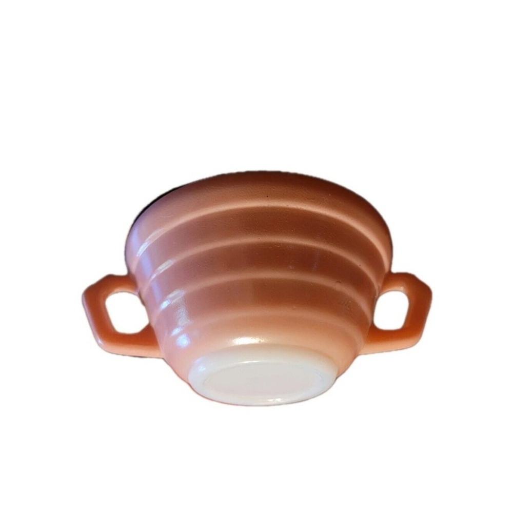 4 Vintage Hazel Atlas Salmon Pink Desert Cups Or Soup Bowl Ribbed Two-Handle MCM